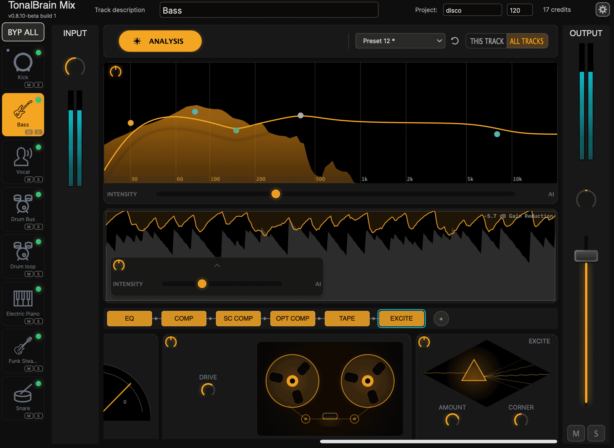 The TonalBrain Mix plugin window with numbered callouts